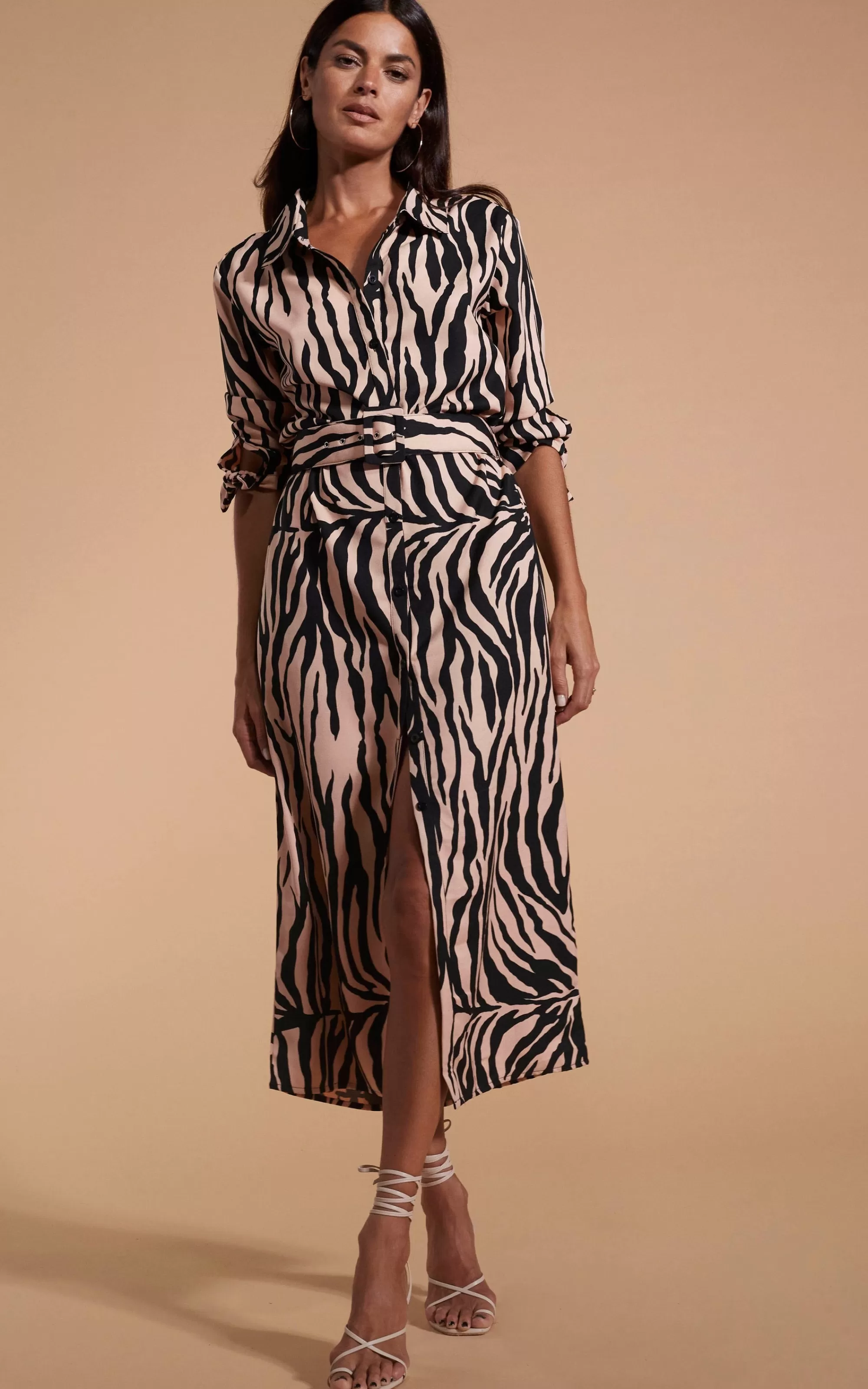 Dresses>Dancing Leopard Alva Midi Shirt Dress In Blush Zebra