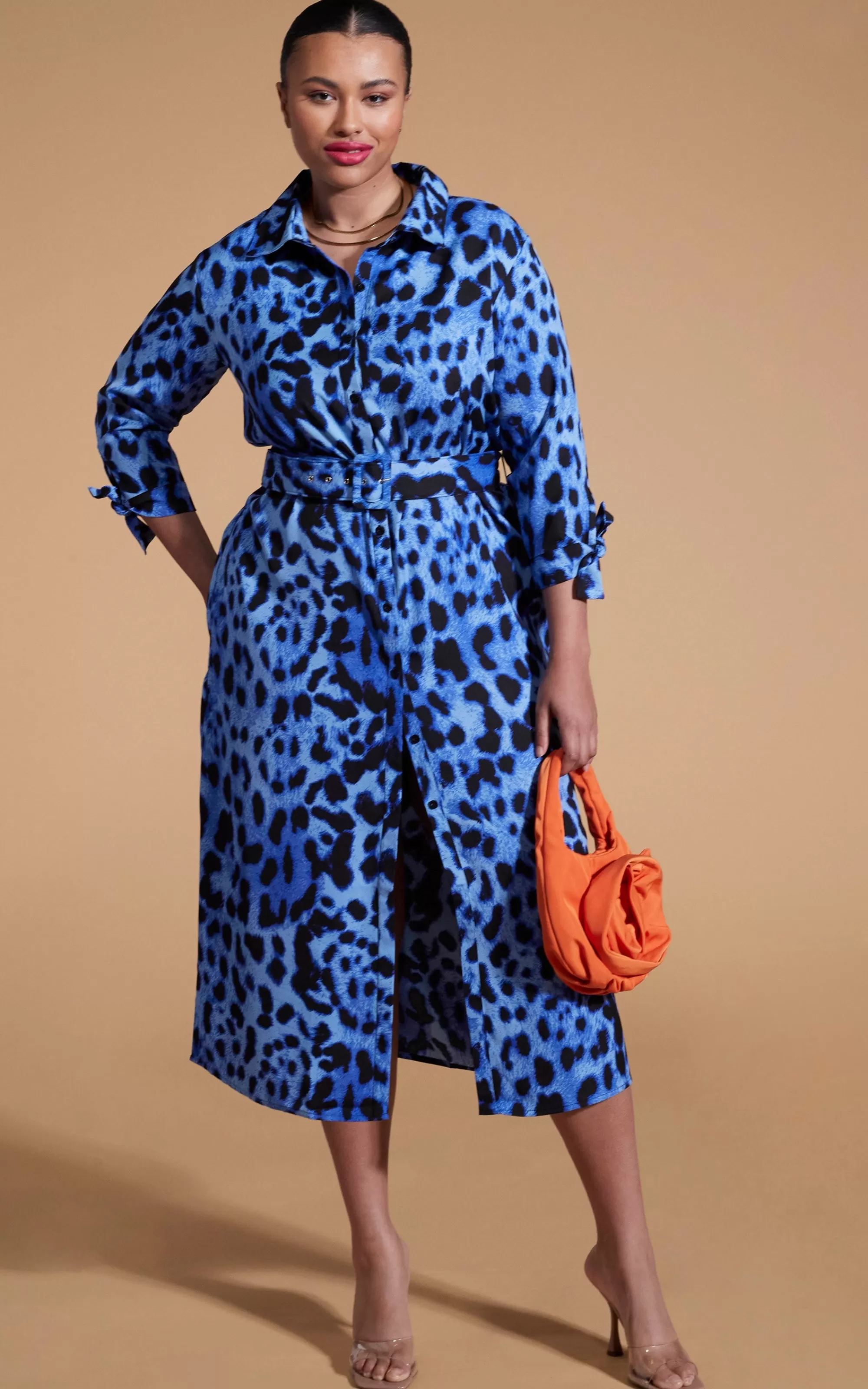 Dresses>Dancing Leopard Alva Midi Shirt Dress In Bright Blue Leopard-Extended Sizing