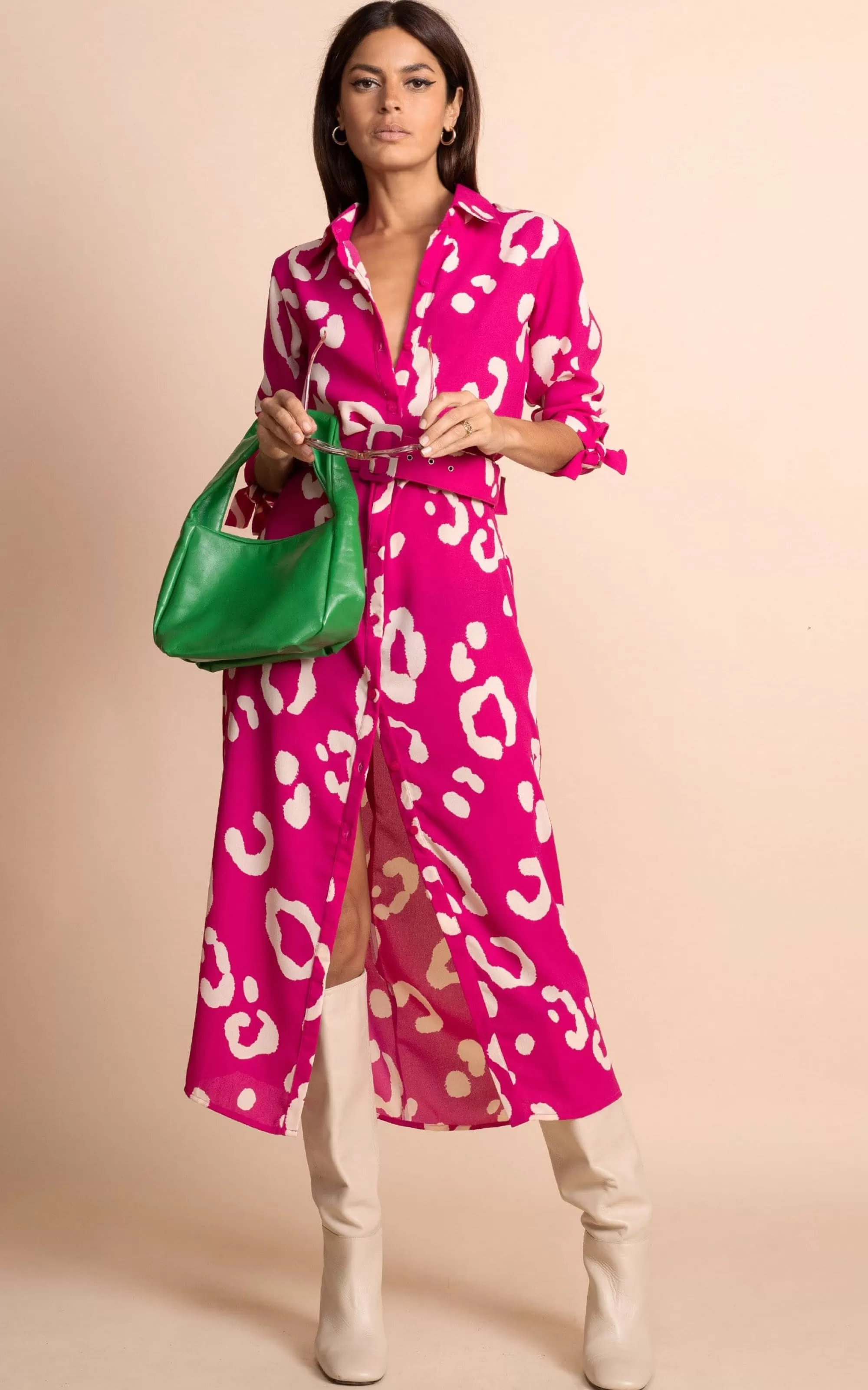 Dresses>Dancing Leopard Alva Midi Shirt Dress In Oversized Leopard Cream On Magenta