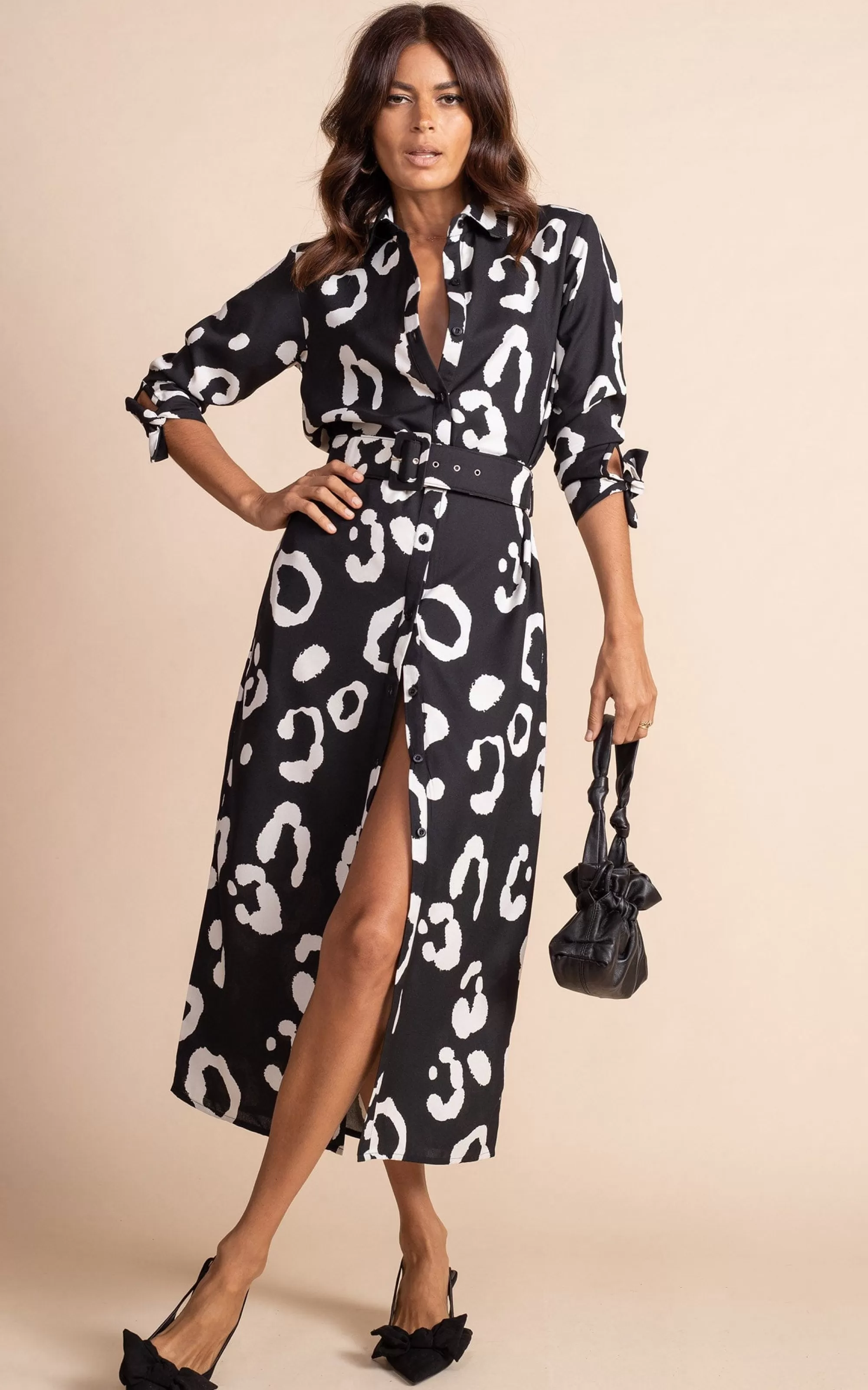 Dresses>Dancing Leopard Alva Midi Shirt Dress In Oversized Mono Leopard