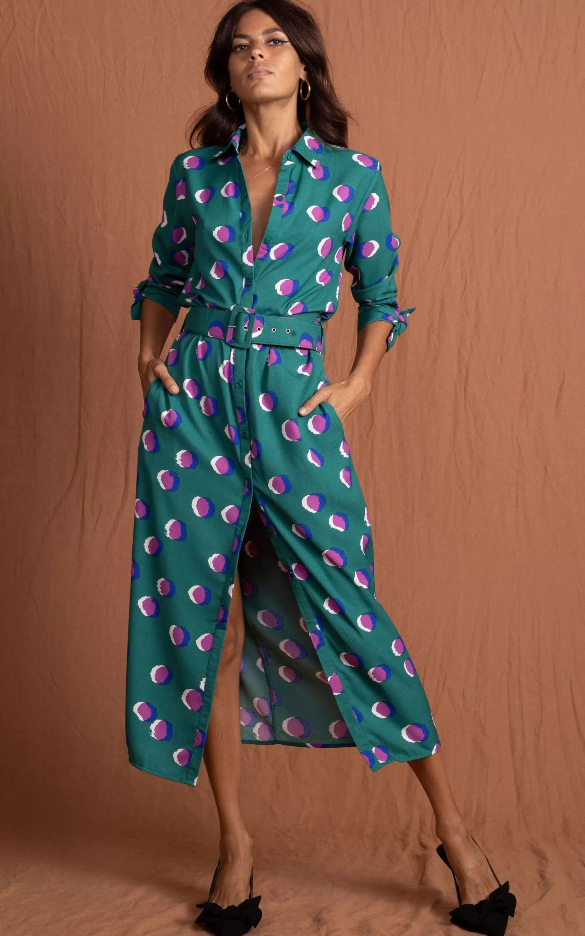 Dresses>Dancing Leopard Alva Midi Shirt Dress In Polka Dot Purple On Green