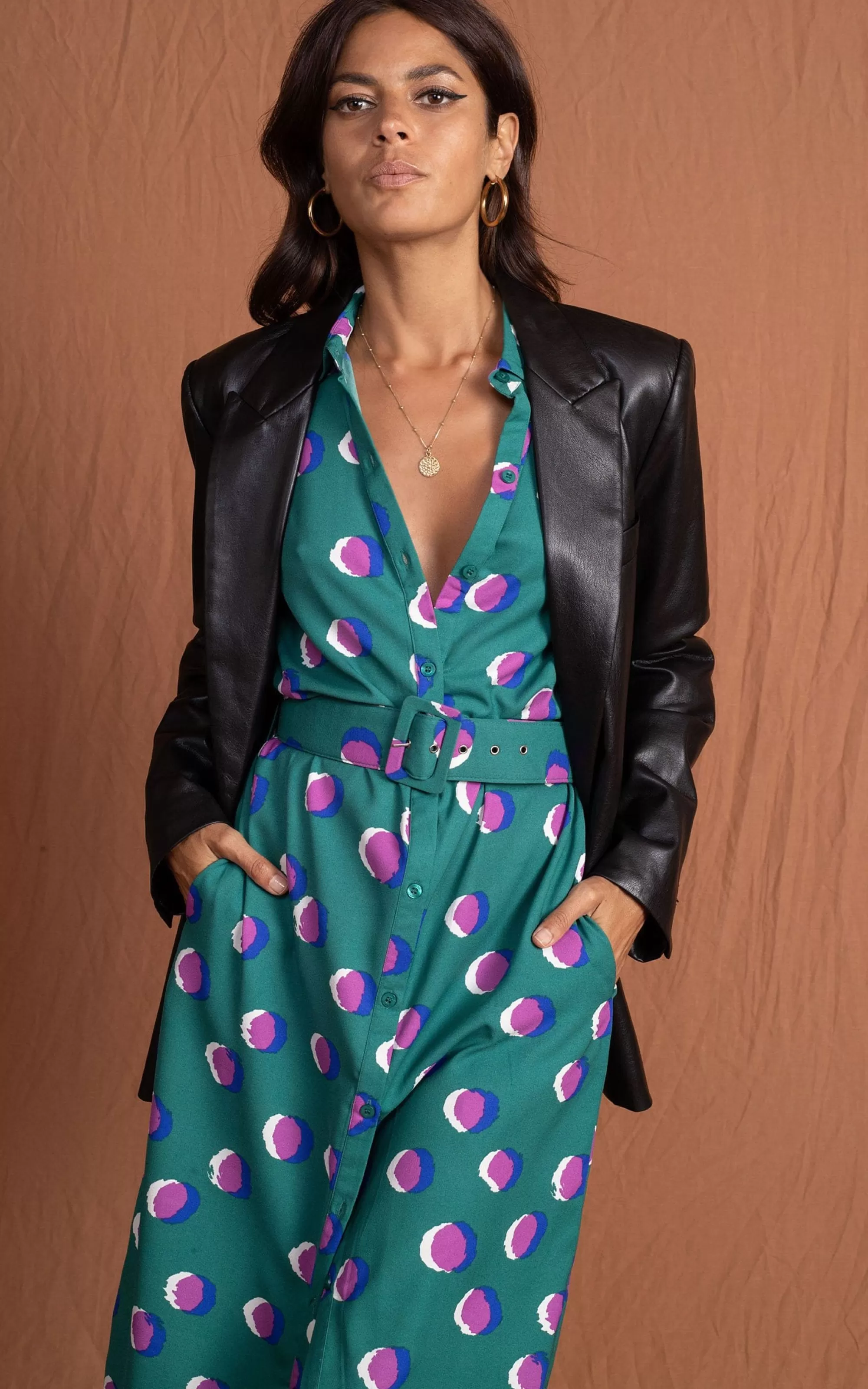 Dresses>Dancing Leopard Alva Midi Shirt Dress In Polka Dot Purple On Green