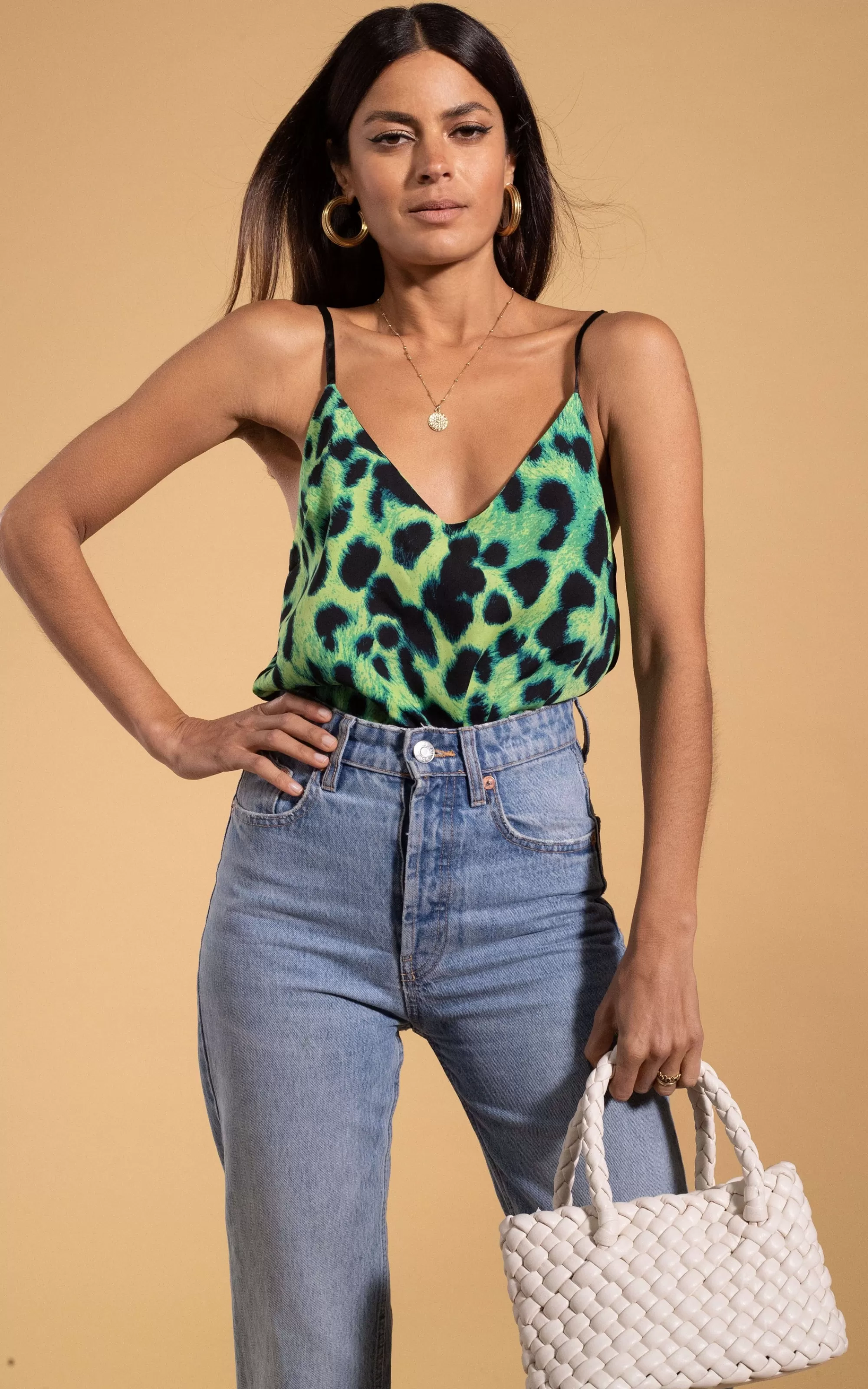 Tops>Dancing Leopard Birdie Cami Top In Lime Leopard