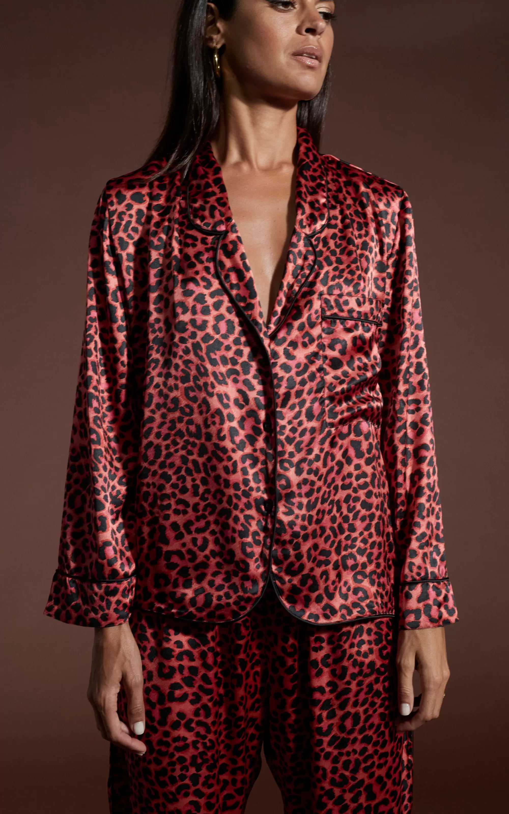 Pyjamas>Dancing Leopard Cosmos Satin Long Leg Pj Set In Ruby Red Leopard