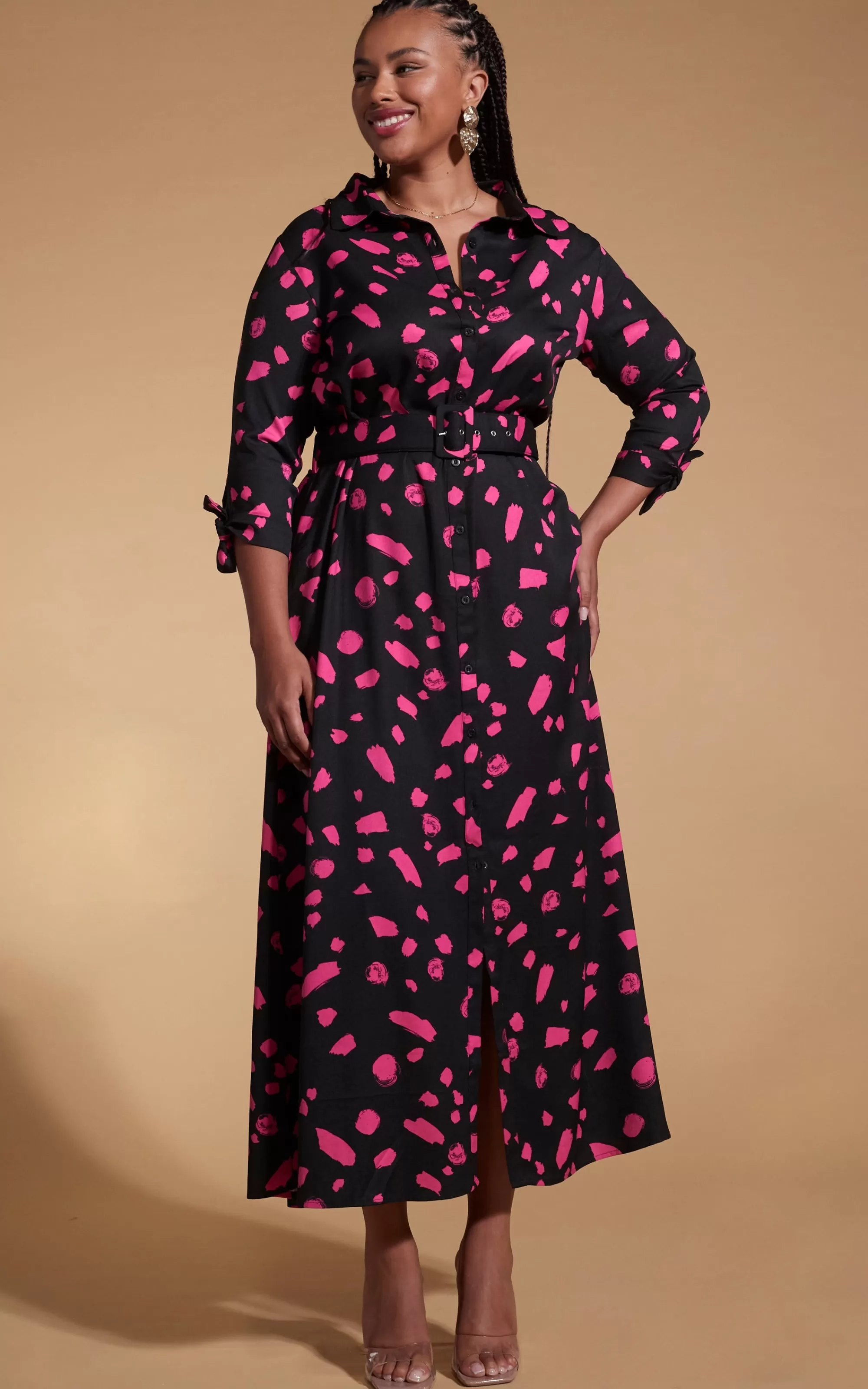 Dresses>Dancing Leopard Dove Dress In Abstract Dot Pink On Black- Extended Sizing