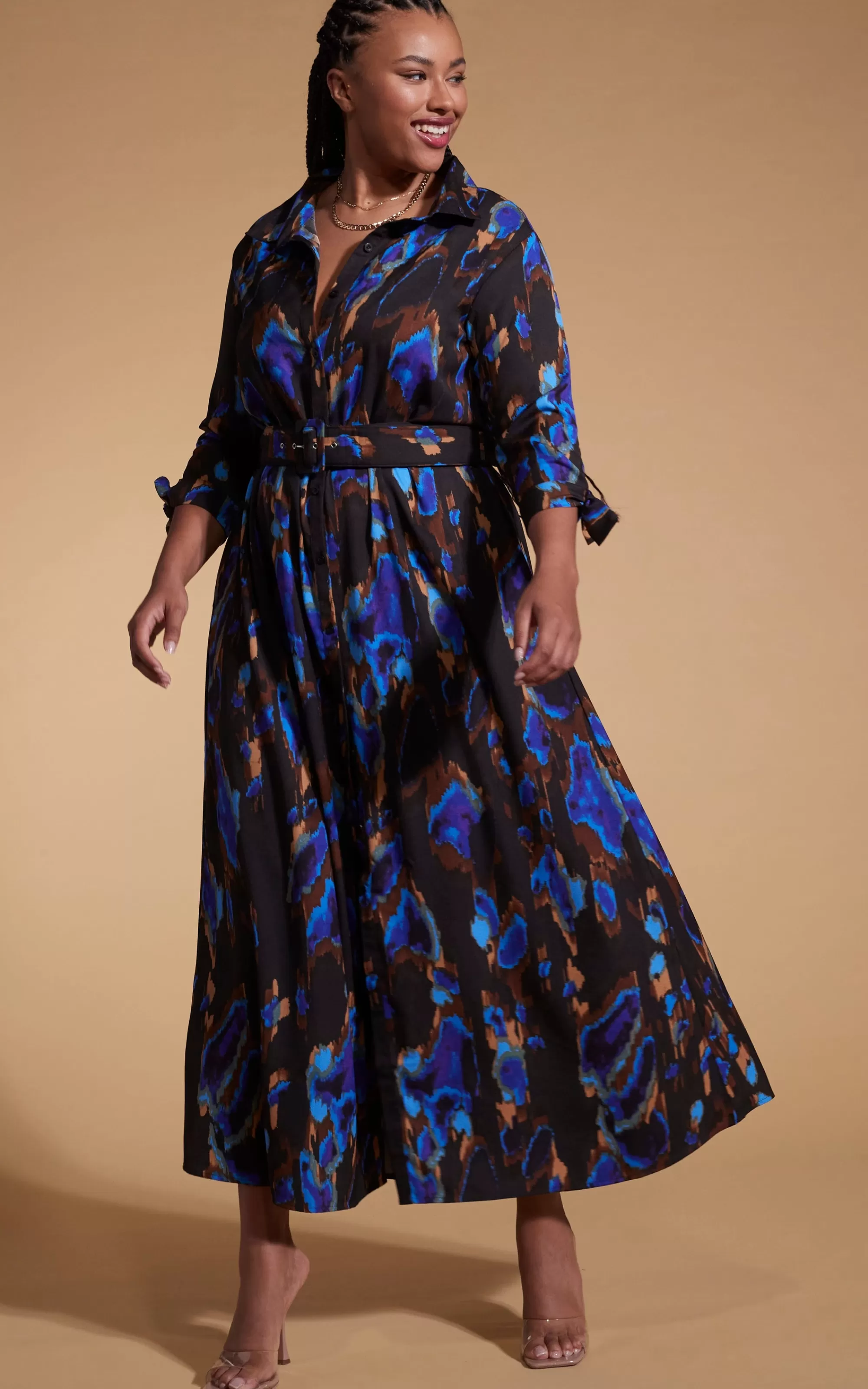 Dresses>Dancing Leopard Dove Dress In Camo Abstract Blue On Black- Extended Sizing