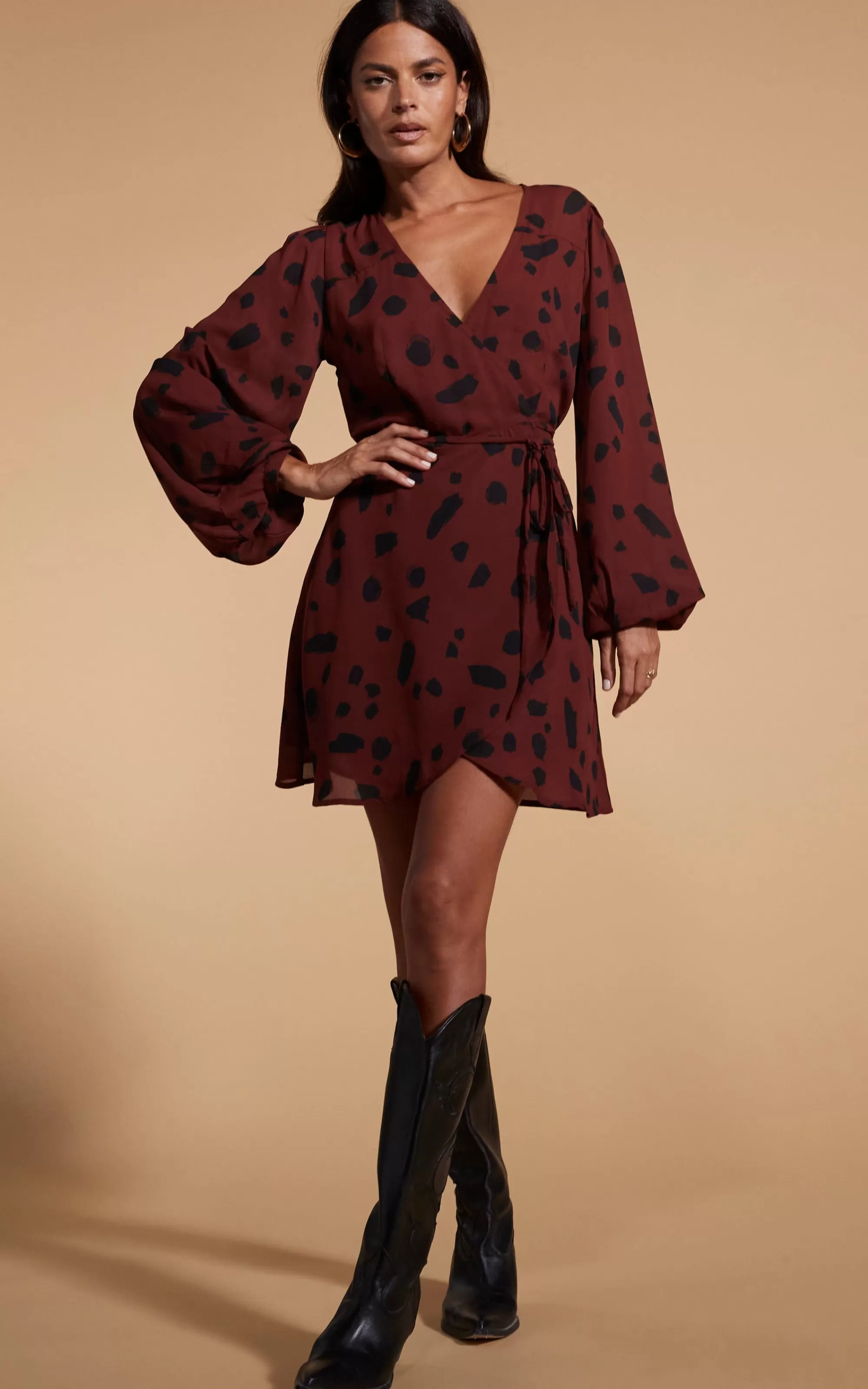 Dresses>Dancing Leopard Ginger Mini Wrap Dress In Abstract Dot Black On Rust