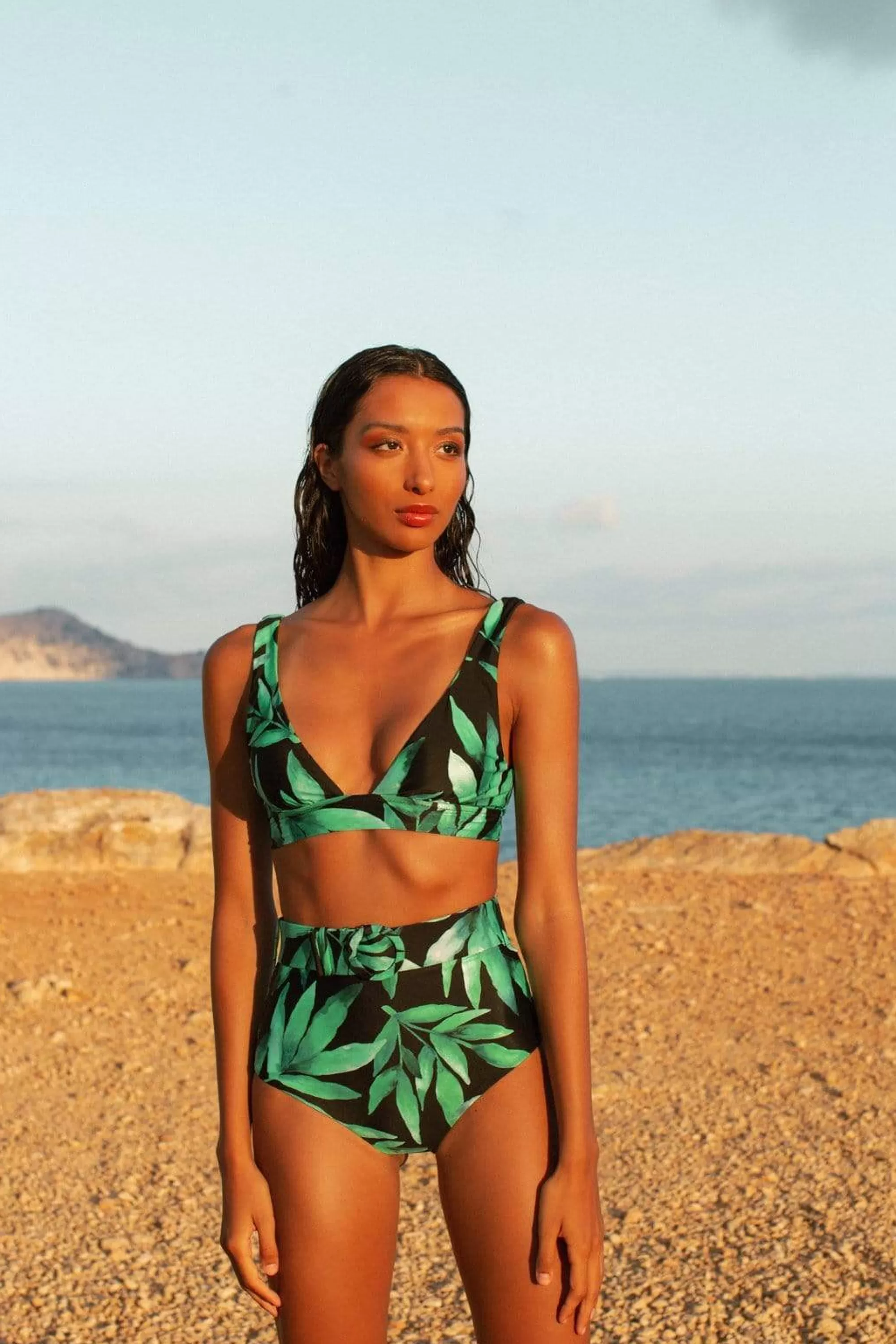 Swimwear>Dancing Leopard Halo Tamika Bikini Vest Top In Watercolour Green Leaf