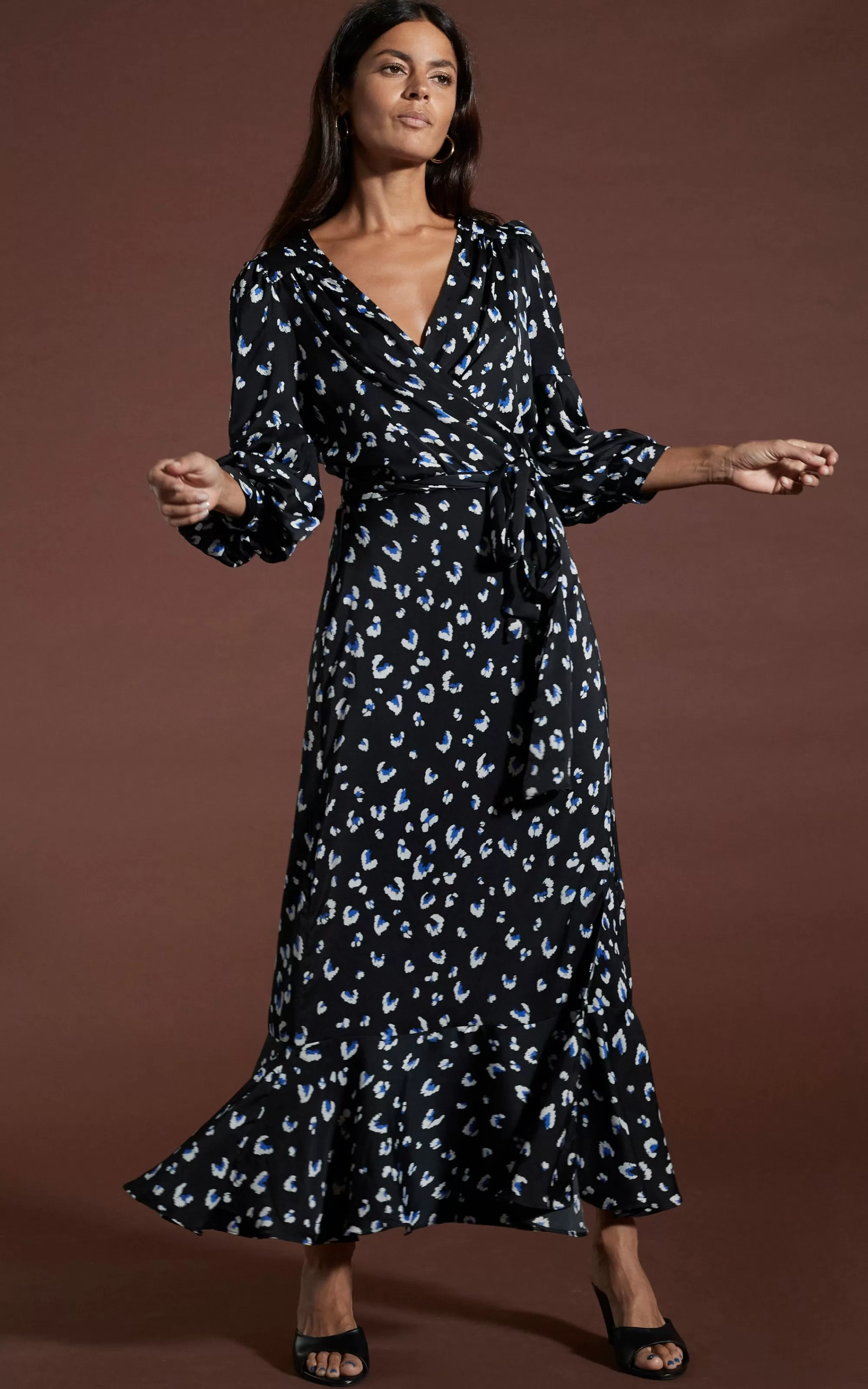 Dresses>Dancing Leopard Havannah Maxi Wrap Dress In Abstract White On Black Leopard