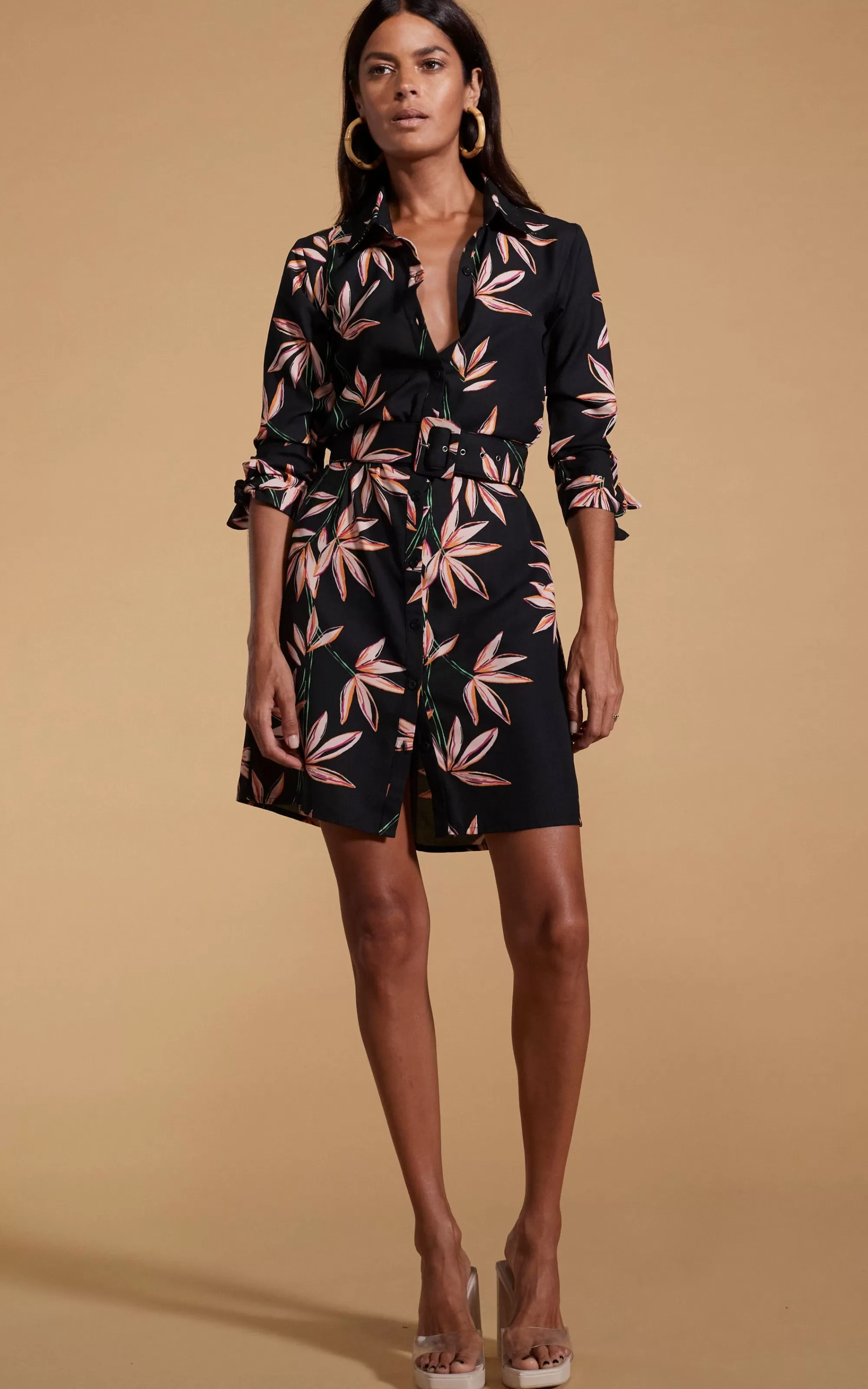 Dresses>Dancing Leopard Jonah Mini Shirt Dress In Bamboo Black Base