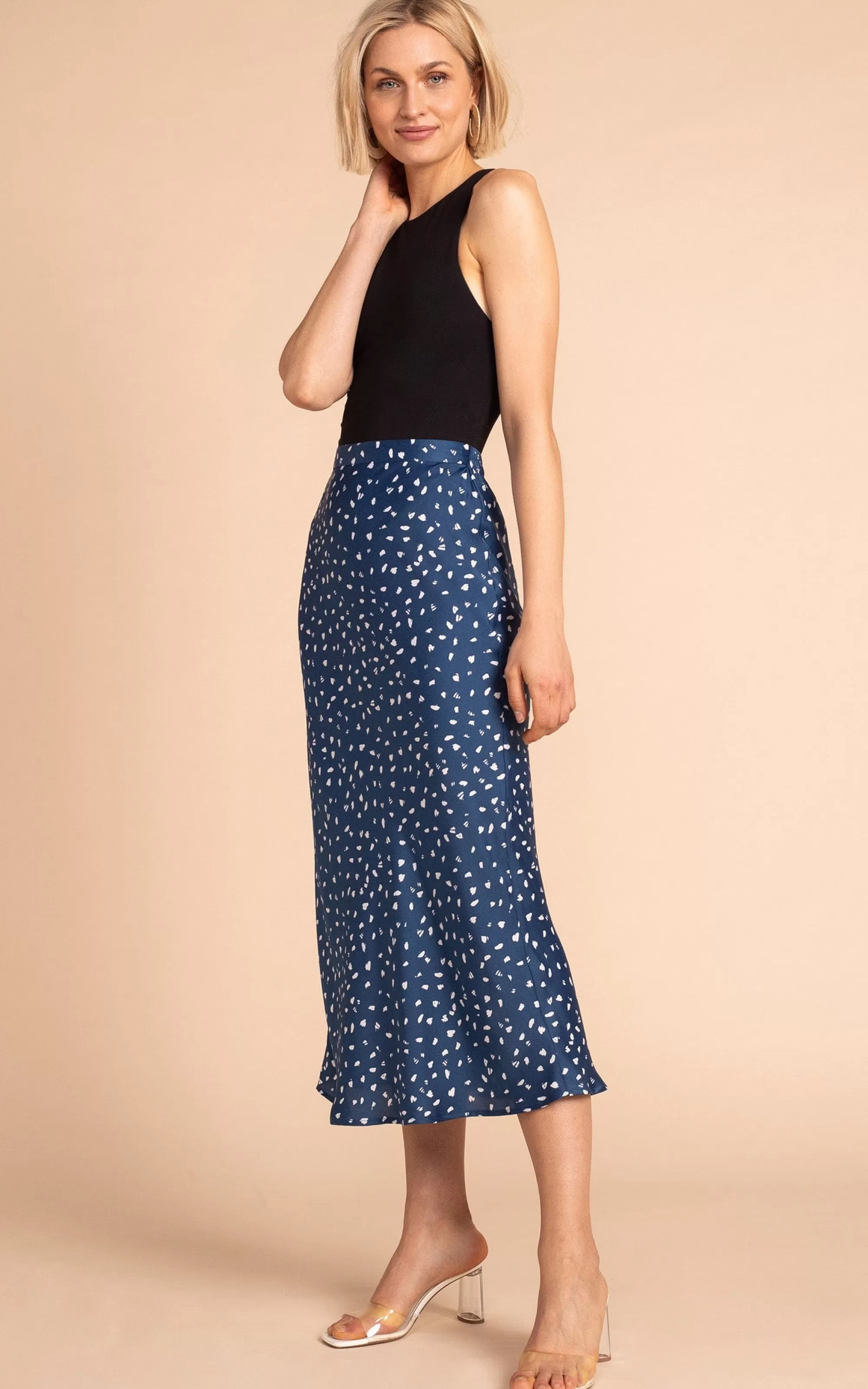 Skirts>Dancing Leopard Renzo Satin Midi Slip Skirt In Abstract White On Navy