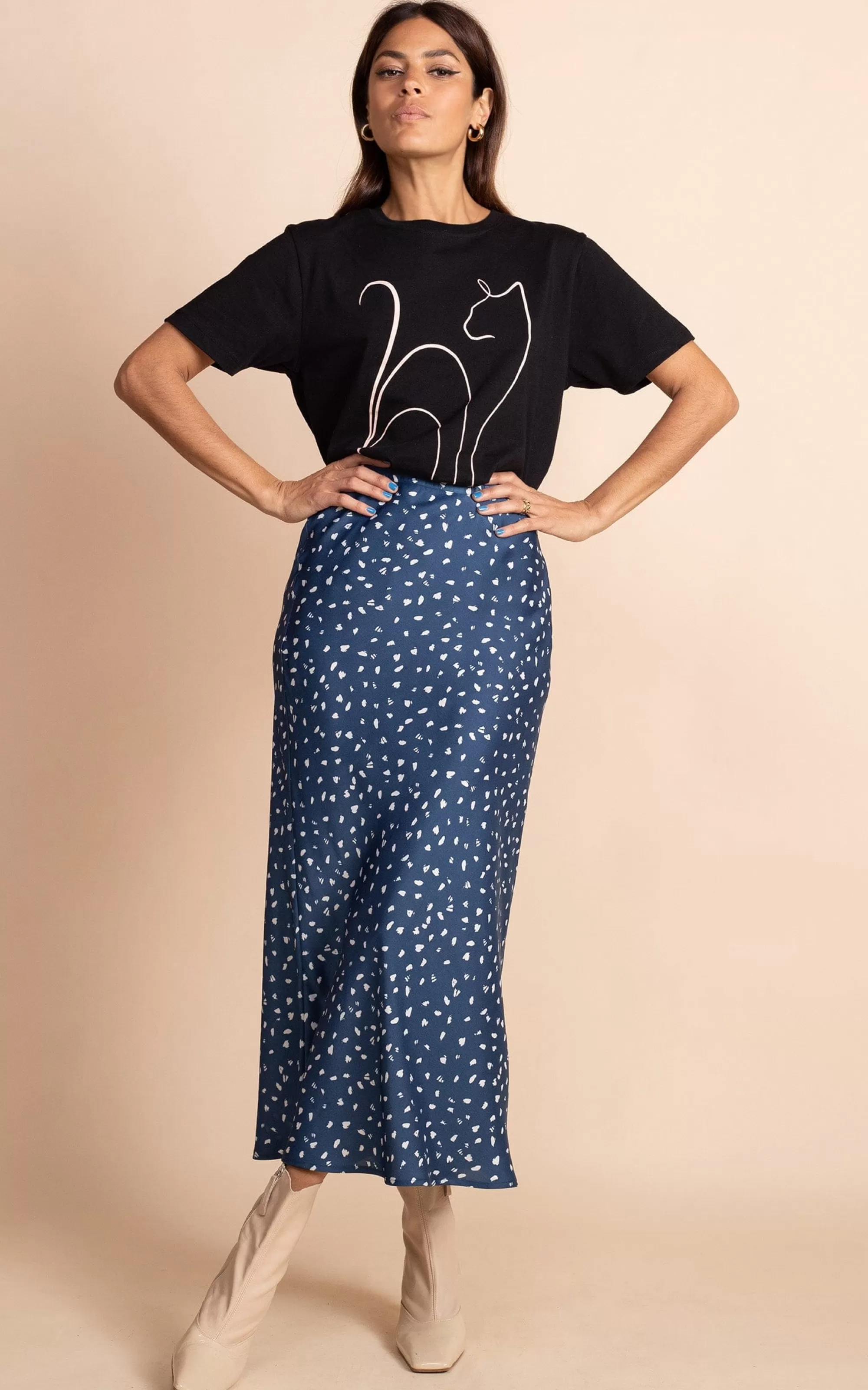 Skirts>Dancing Leopard Renzo Satin Midi Slip Skirt In Abstract White On Navy