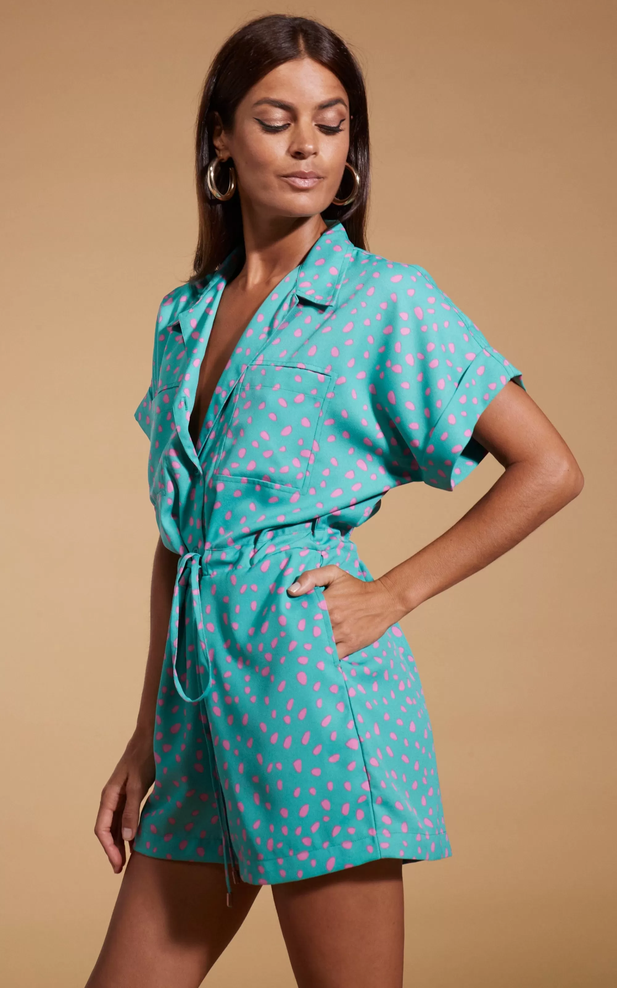 Playsuits>Dancing Leopard Rizzo Shirt Playsuit In Abstract Pink On Sea Green